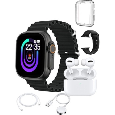 Комплект BeSmart X90 Ultra, 4 in 1, Смарт Часовник, Безжични слушалки, Силиконов протектор, Силиконова каишка, черен