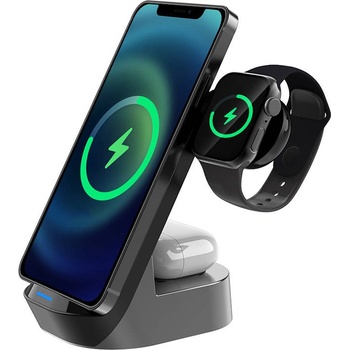 Budi 3-in-1 Wireless Charger 15W - тройна поставка (пад) за безжично зареждане за iPhone, Apple Watch, AirPods и Qi съвместими мобилни устройства (черен)