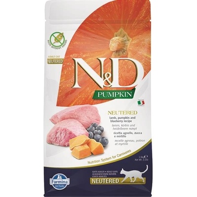 N&D Pumpkin Cat Neutered Adult Krmivo z jahňacieho mäsa, tekvice a čučoriedok 1,5 kg