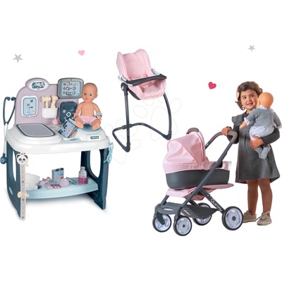 Smoby Baby Care Center set zdravotnícky pult pre lekára s kočíkom trojkombináciou a jedálenská stolička s hojdačkou a autosedačkou Maxi Cosi