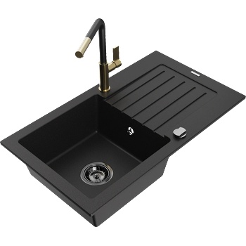 Mexen Pablo гранитна мивка с 1 отделение с отцедник и кухненски смесител Flora, черен - 6510-77-670401-57-B (6510-77-670401-57-B)