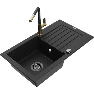 Mexen Pablo гранитна мивка с 1 отделение с отцедник и кухненски смесител Flora, черен - 6510-77-670401-57-B (6510-77-670401-57-B)
