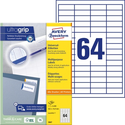 AVERY ZWECKFORM QuickPEEL 48,5x16,9 mm 64 etiket 100 listů Univerzální etikety A4 bílé