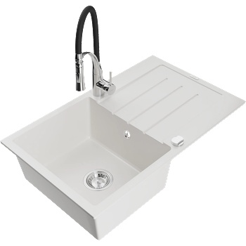 Mexen Bruno гранитна мивка с 1 отделение с отцедник и кухненски смесител Aster, бял - 6513-20-73450-07 (6513-20-73450-07)