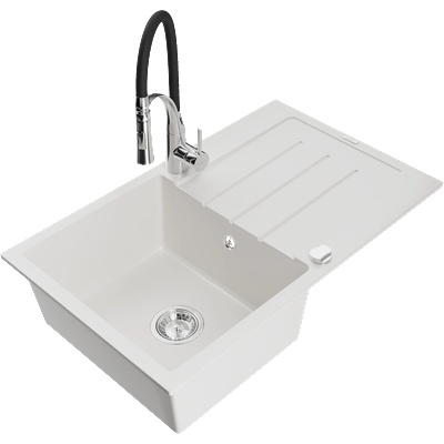 Mexen Bruno гранитна мивка с 1 отделение с отцедник и кухненски смесител Aster, бял - 6513-20-73450-07 (6513-20-73450-07)