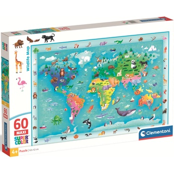 Clementoni Детски пъзел Clementoni от 60 макси части - Карта на дивите животни (26072)