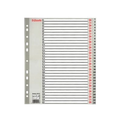Farebné registre, šedá, A4 Maxi, plast, 1-31, ESSELTE