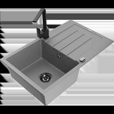 Bruno кухненска мивка от гранит с 1 отделение и отцедник и кухненски смесител Rita, сив - 6513-71-670300-70-B (6513-71-670300-70-B)