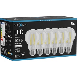 Mexen Vintis 6x LED нишка крушка E27, A60, 8W, неутрална - 4000K, 1055 lm, прозрачна (L150-E27-0840-00x06)