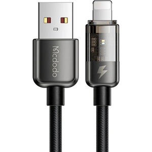 Mcdodo Кабел за данни - Mcdodo (CA-3140) - USB-A → Lightning, 3A, прозрачен дизайн, Auto Power Off, 1.2m - Черен