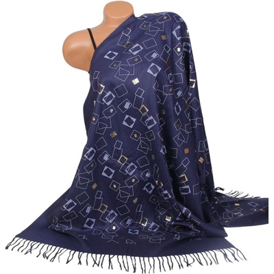 Тъмносин дамски шал от кашмир с фигури
