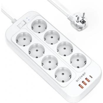 BlitzWolf 8 AC Outlets With USB-A and USB-C Ports Extension Power Strip 2500W - разклонител с 3xUSB-A и 1хUSB-C порта и 8хAC изхода (бял)