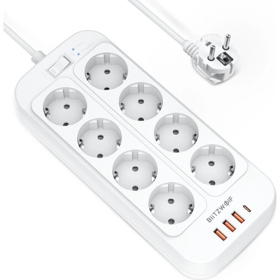BlitzWolf 8 AC Outlets With USB-A and USB-C Ports Extension Power Strip 2500W - разклонител с 3xUSB-A и 1хUSB-C порта и 8хAC изхода (бял)