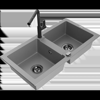 Mario гранитна мивка с 2 камери с кухненски смесител Flora, сив - 6504-71-670401-70-B (6504-71-670401-70-B)