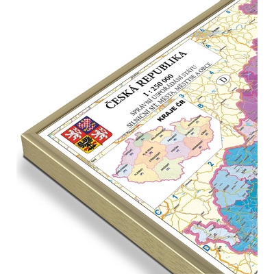 Excart Maps ČR - nástěnná administrativní mapa 200 x 140 cm Varianta: mapa v hliníkovém rámu, Provedení: zlatý lesklý rám