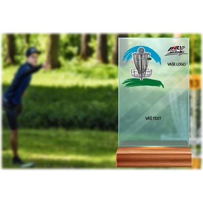 Skleněná trofej na dřevěném podstavci Diskgolf 17 cm