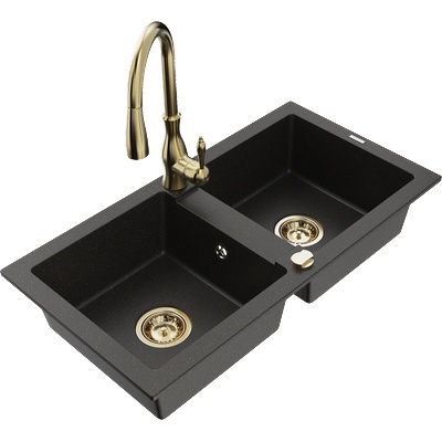 Mexen Mario гранитна мивка с 2 камери с кухненски смесител Savita, черно/златен металик - 6504-75-672601-50 (6504-75-672601-50)