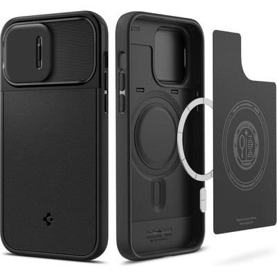 Spigen Optik Armor MagFit MagSafe Case - тънък качествен силиконов (TPU) калъф с капак за камерата с MagSafe за iPhone 14 Pro (черен)