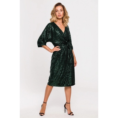 M653 Midi sequin dress with wrap front bottlegreen