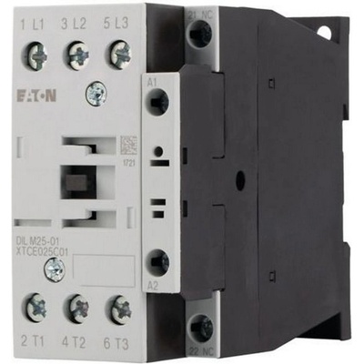 Eaton Контактор EATON DILM25-01(RDC24), 277178 - 3 полюса, 380 V 400 V 11 kW, 1 NC, RDC 24: 24 - 27 V DC, DC работа, Винтови клеми (277178)
