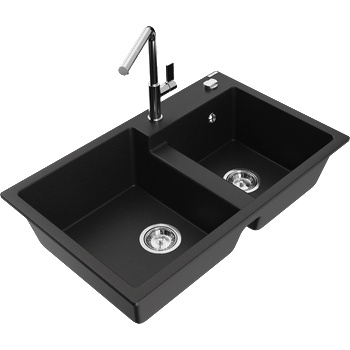 Mexen Tomas двоен кухненски мивка от гранит с кухненски смесител Flora, черен - 6516-77-670401-00 (6516-77-670401-00)