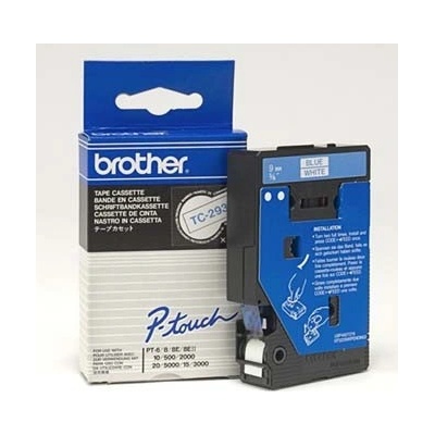 Brother TC-293, 9mm x 7,7m, modrá tlač / biely podklad, originálna páska