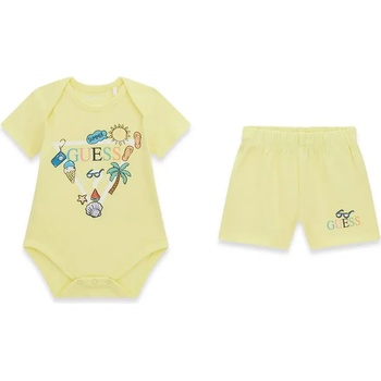 Guess Късo боди и къси спортни панталони за новородено дете в жълт цвят с весели щампи Guess