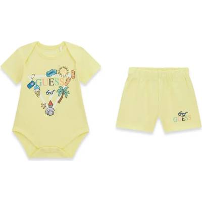 Guess Късo боди и къси спортни панталони за новородено дете в жълт цвят с весели щампи Guess