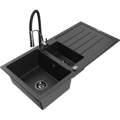 Mexen Andres гранитна мивка с 1, 5 камери и отцедник и кухненски смесител Aster, черен/сребърен - 6515-73-73450-07-B (6515-73-73450-07-B)