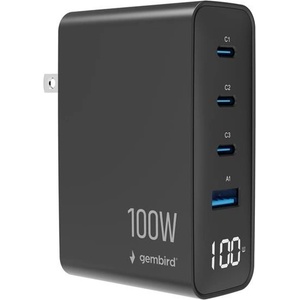 Gembird 4-портово 100 W GaN USB бързо зарядно устройство с LCD дисплей, черно TA-UC-1A3C-PD100-01-BK (TA-UC-1A3C-PD100-01-BK)