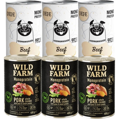 Pepe Mono Protein Hovězí 3 x 400 g a Wild farm Monoprotein Vepřové 3 x 400 g