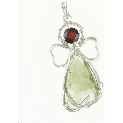 My Moldavite Stříbrný přívěsek s přírodním vltavínem a granátem naleštěný anděl 26 218