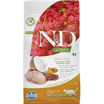 Farmina N&D Quinoa Skin & Coat Quail - храна за котки в зряла възраст с чувствителна кожа и козина с пъдпъдък; без зърно 1.500 кг