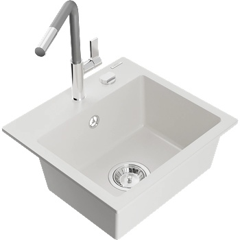 Mexen Milo мивка от гранит с 1 отделение с кухненски смесител Flora, бял - 6505-20-670401-06 (6505-20-670401-06)