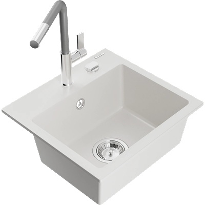 Mexen Milo мивка от гранит с 1 отделение с кухненски смесител Flora, бял - 6505-20-670401-06 (6505-20-670401-06)