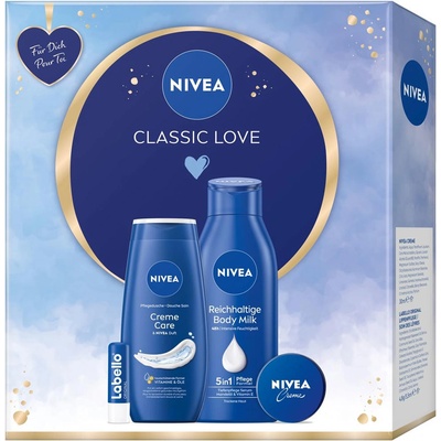NIVEA darčeková kazeta Classic love (Nivea Creme Care sprchový gél 250 ml + telové mlieko Creme Care 400 ml + krém Creme 40 ml + Labello 4,8g)