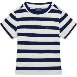 GUESS Раирана тениска рипс за мини момиче в бяло и тъмно синьо Guess