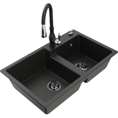 Mexen Tomas гранитна кухненска мивка с 2 отделения и кухненски смесител Savita, черен/златист металик - 6516-75-672601-70-B (6516-75-672601-70-B)