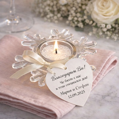 Art Gift Сватбен подарък за гости - свещ със снежинка и персонализирано сърце