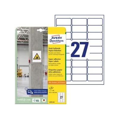 Etikety univerzálne 63,5x29,6mm Avery A4, silne lepivé 20 hárkov