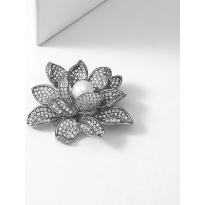 Éternelle brož s perlou a zirkony Lotus white lotosový květ B1080/AL stříbrná