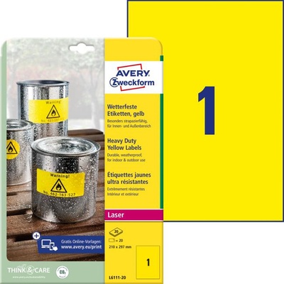 Etikety polyesterové 210x297mm Avery A4 žlté 20 hárkov