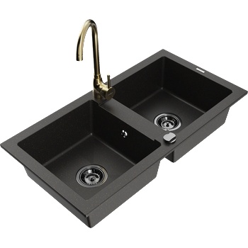 Mexen Mario двоен кухненски гранитен мивка с кухненски смесител Telma, черен/златен - 6504-75-670200-50-B (6504-75-670200-50-B)