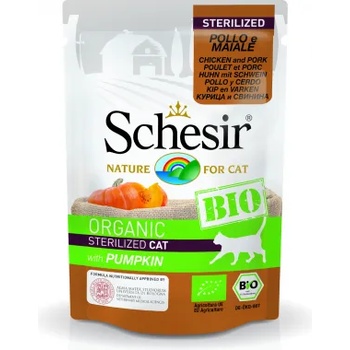 Schesir Adult Bio Pouch - био храна за кастрирани котки с пиле, свинско и тиква