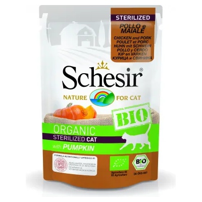 Schesir Adult Bio Organic Pouch Sterilized Pork, Chicken, Zucchini пауч био храна за котки с пиле, свински и тиквичка 85gr