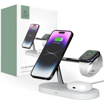 Tech-Protect 3в1 индуктивно зарядно устройство Tech-Protect A12, MagSafe, за телефон / слушалки / часовник, бяло
