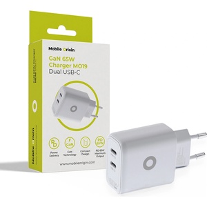 Mobile Origin Захранване за ел. мрежа за лаптопи, смартфони и таблети с 2xUSB-C изхода и с технология за бързо зареждане - Mobile Origin MO19 GaN Dual Fast Wall Charger 65W (бял) (MO-GAN65W-MO19)