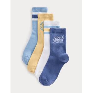 Marks & Spencer Раирани чорапи Good Vibes с висок процент памук, 4 двойки (6 малък - 7 голям) Marks & Spencer син Marks & Spencer | Sin | Момчешки | 6-8+
