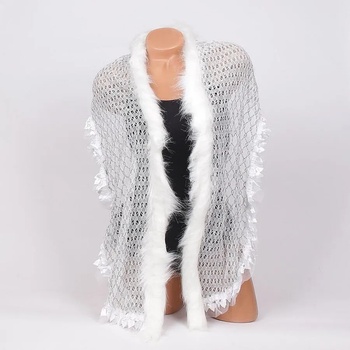 Image 1 of Дантелен шал в бяло с черни орнаменти и пухче