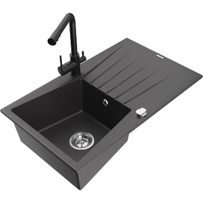 Mexen Cesar гранитна мивка 1-корпусна със сушилня и кухненски смесител Duero, черно пръскано - 6514-76-671600-70 (6514-76-671600-70)